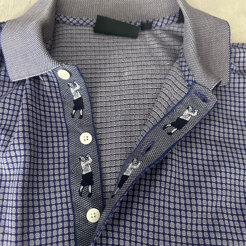 Bobby Jones Polo Shirt Mens Large Blue Micro Check Short Sleeve Golf Knit‎